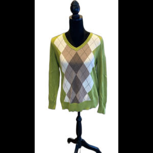 St John’s Bay Argyle Green Women’s Sweater Size Large 97% Cotton V Neck